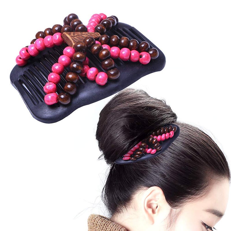 LOVEF 3 Pcs Women Magic Hair Combs Wood Beaded Stretch Double Side Combs Clips Bun Maker Hair Accessories Random Color - Image 2